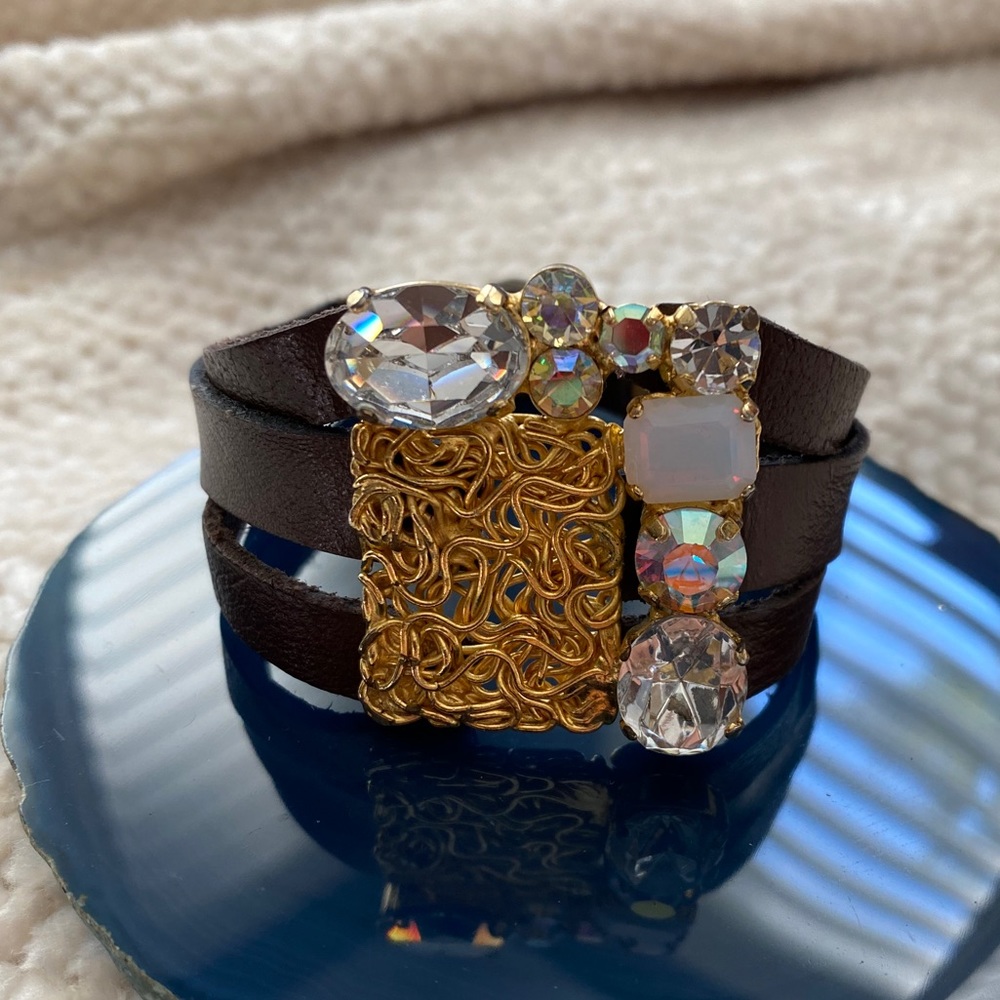 Leather And Crystal Bracelet With Gold Designs